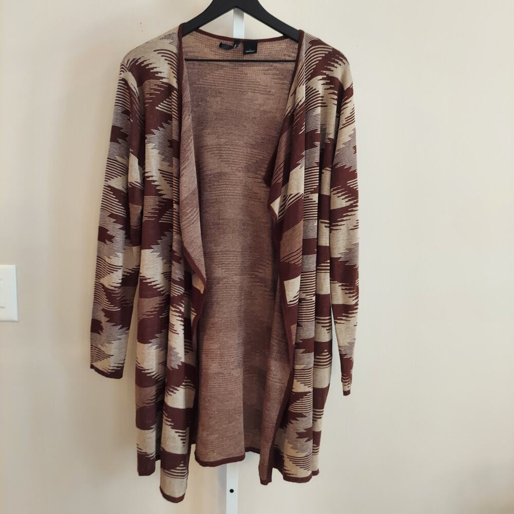 New Directions Large Long Sleeve Open Cardigan Brown Southwest‎ Print